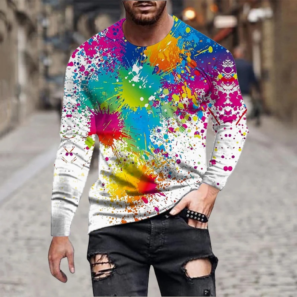 3D Printing Service - เสื้อยืดแขนยาวพิมพ์ลาย 3D ลายสีรุ้งสำหรับผู้ชาย เสื้อยืดลายกราฟฟิตี้หมึกสีสันสดใส ศิลปะนามธรรมแปลกใหม่ เสื้อแขนยาวลำลอง