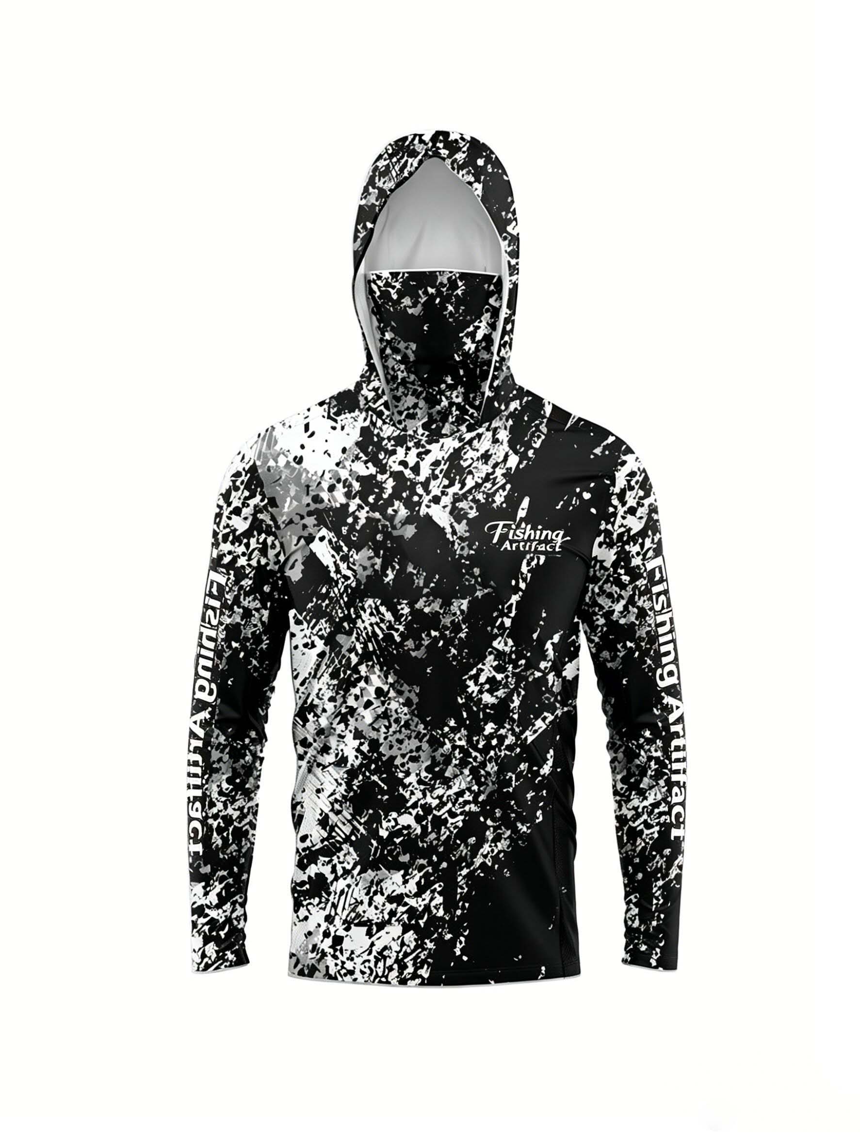 3D Printing Service - เสื้อฮู้ดตกปลาสำหรับผู้ชายลายพิมพ์ 3D พร้อมหน้ากาก ลายพรางสีดำขาว แห้งเร็ว ระบายอากาศได้ดี